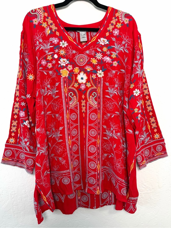 John Mark Tops - John Mark Red Embroidered XL Boho V-Neck Tunic Top Flowy Floral Artisan